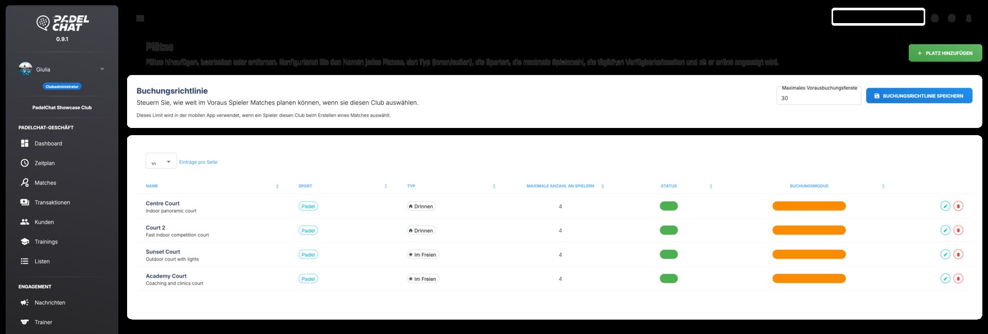 Operatives Dashboard - Platzkonfiguration